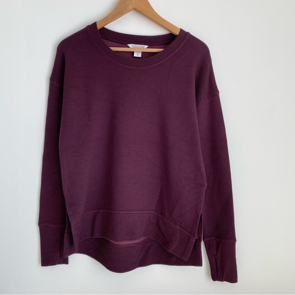 Athleta NWOT Womens Coaster Luxe Waffle Sweatshirt, Thumbholes, Burgundy, XS